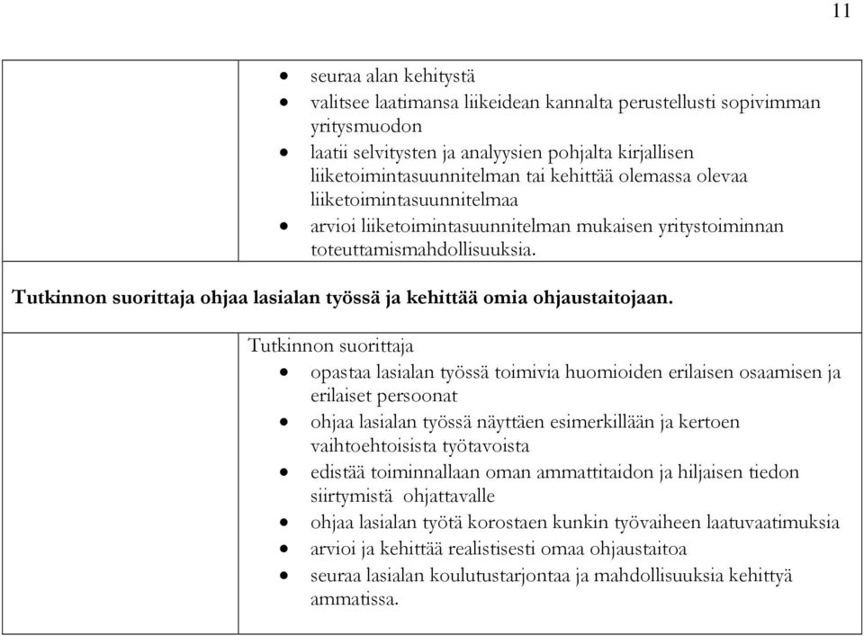 opastaa lasialan työssä toimivia huomioiden erilaisen osaamisen ja erilaiset persoonat ohjaa lasialan työssä näyttäen esimerkillään ja kertoen vaihtoehtoisista työtavoista edistää toiminnallaan oman