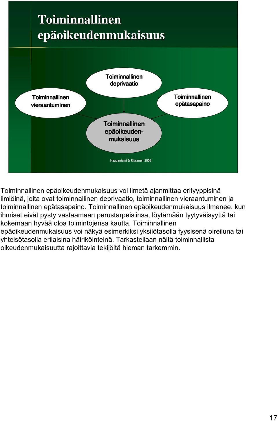 Toiminnallinen epäoikeudenmukaisuus ilmenee, kun ihmiset eivät pysty vastaamaan perustarpeisiinsa, löytämään tyytyväisyyttä tai kokemaan hyvää oloa toimintojensa kautta.