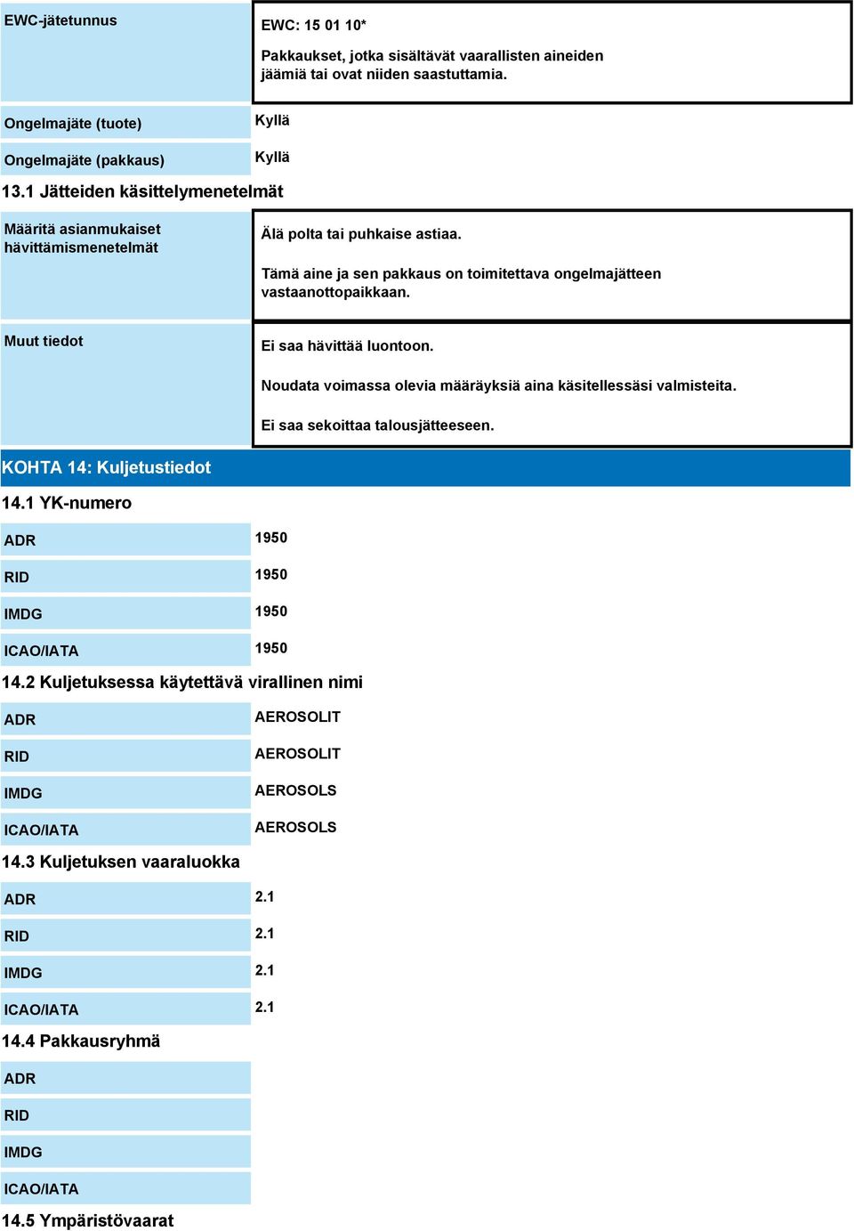 Muut tiedot Ei saa hävittää luontoon. Noudata voimassa olevia määräyksiä aina käsitellessäsi valmisteita. Ei saa sekoittaa talousjätteeseen. KOHTA 14: Kuljetustiedot 14.