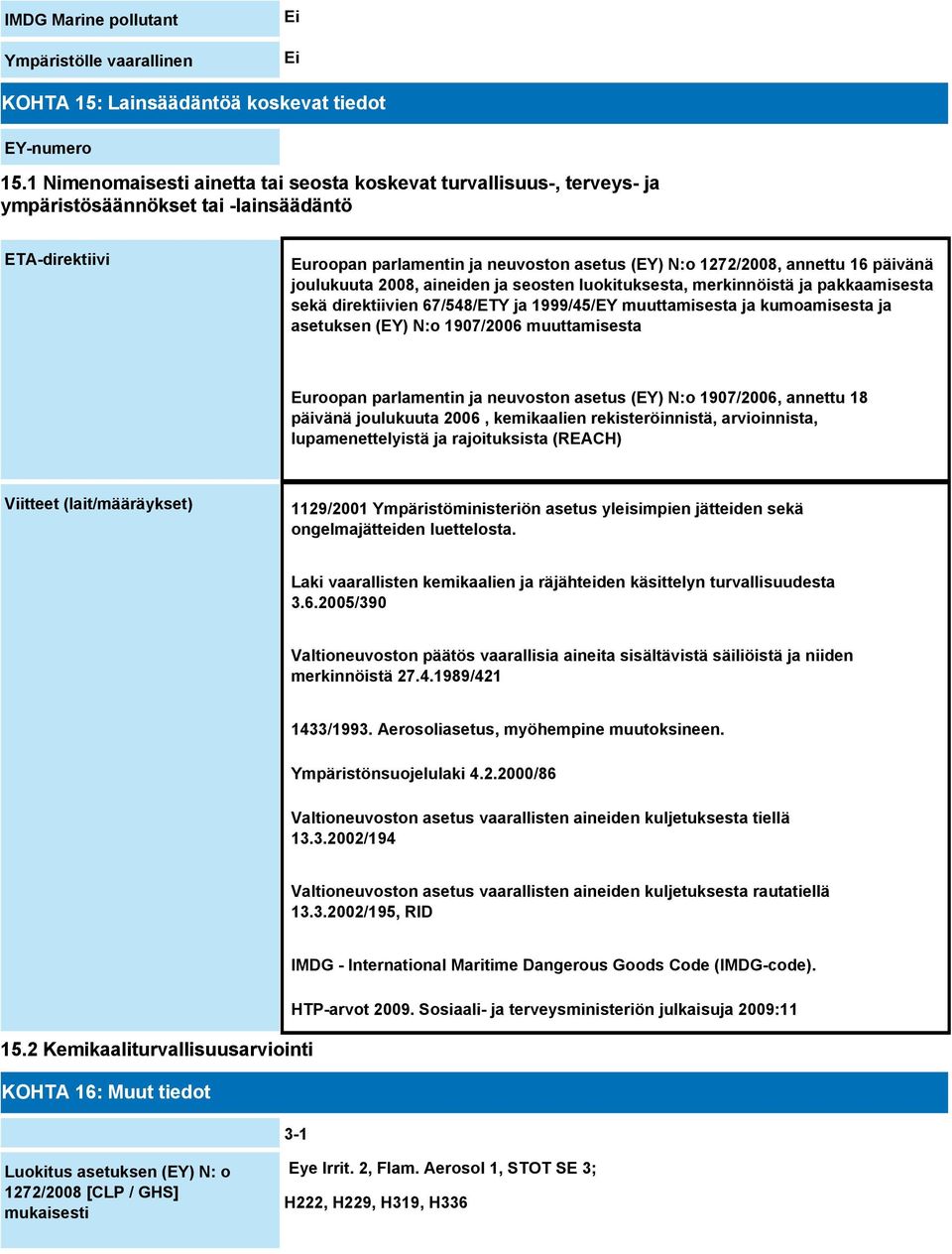 päivänä joulukuuta 2008, aineiden ja seosten luokituksesta, merkinnöistä ja pakkaamisesta sekä direktiivien 67/548/ETY ja 1999/45/EY muuttamisesta ja kumoamisesta ja asetuksen (EY) N:o 1907/2006