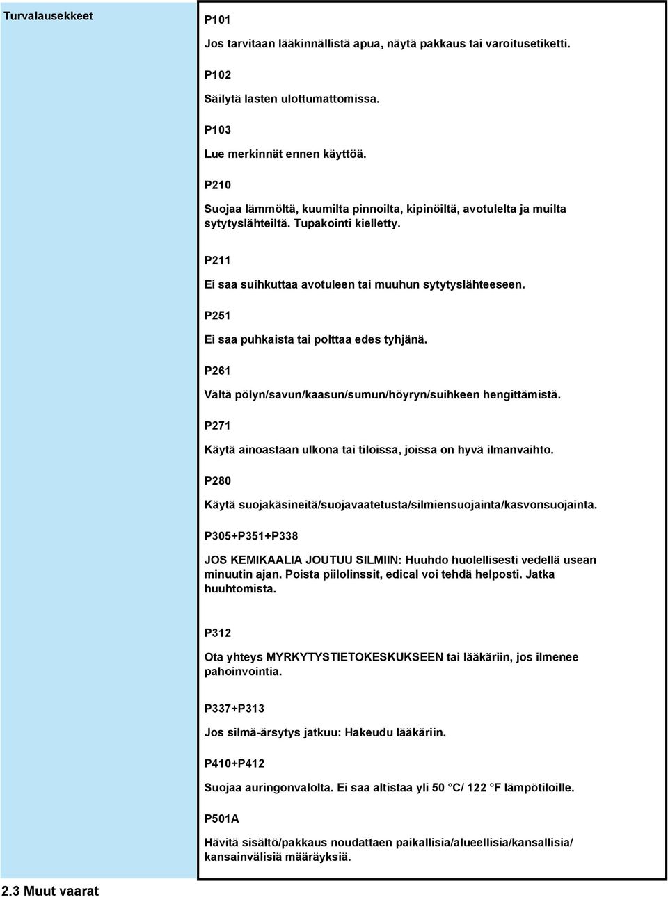 P251 Ei saa puhkaista tai polttaa edes tyhjänä. P261 Vältä pölyn/savun/kaasun/sumun/höyryn/suihkeen hengittämistä. P271 Käytä ainoastaan ulkona tai tiloissa, joissa on hyvä ilmanvaihto.