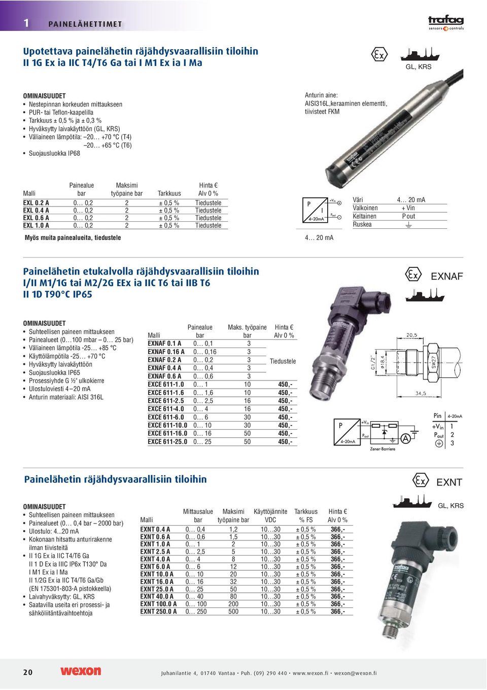 0 A 0 0,2 2 ± 0,5 % Tiedustele 4 20 ma Väri Valkoinen Keltainen Ruskea 4 20 ma + Vin P out Painelähetin etukalvolla räjähdysvaarallisiin tiloihin I/II M1/1G tai M2/2G EEx ia IIC T6 tai IIB T6 II 1D