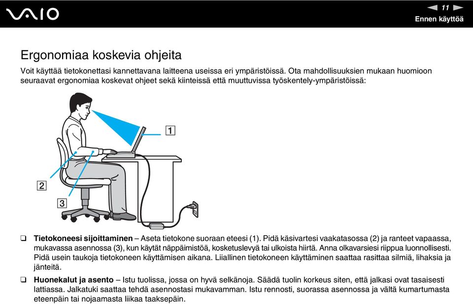 Pidä käsivartesi vaakatasossa (2) ja ranteet vapaassa, mukavassa asennossa (3), kun käytät näppäimistöä, kosketuslevyä tai ulkoista hiirtä. Anna olkavarsiesi riippua luonnollisesti.