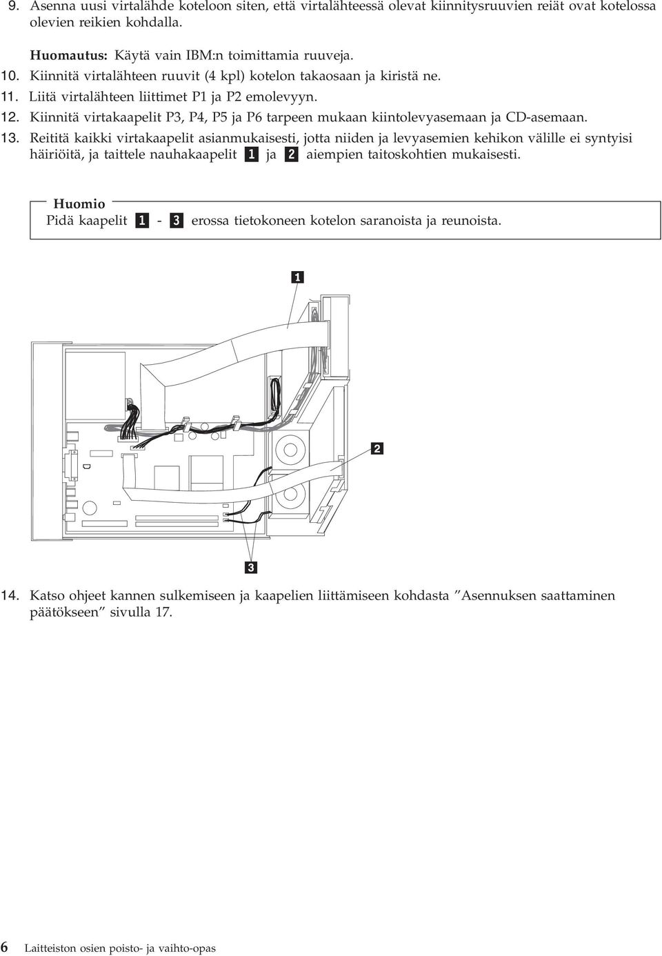 Kiinnitä irtakaapelit P3, P4, P5 ja P6 tarpeen mukaan kiintoleyasemaan ja CD-asemaan. 13.