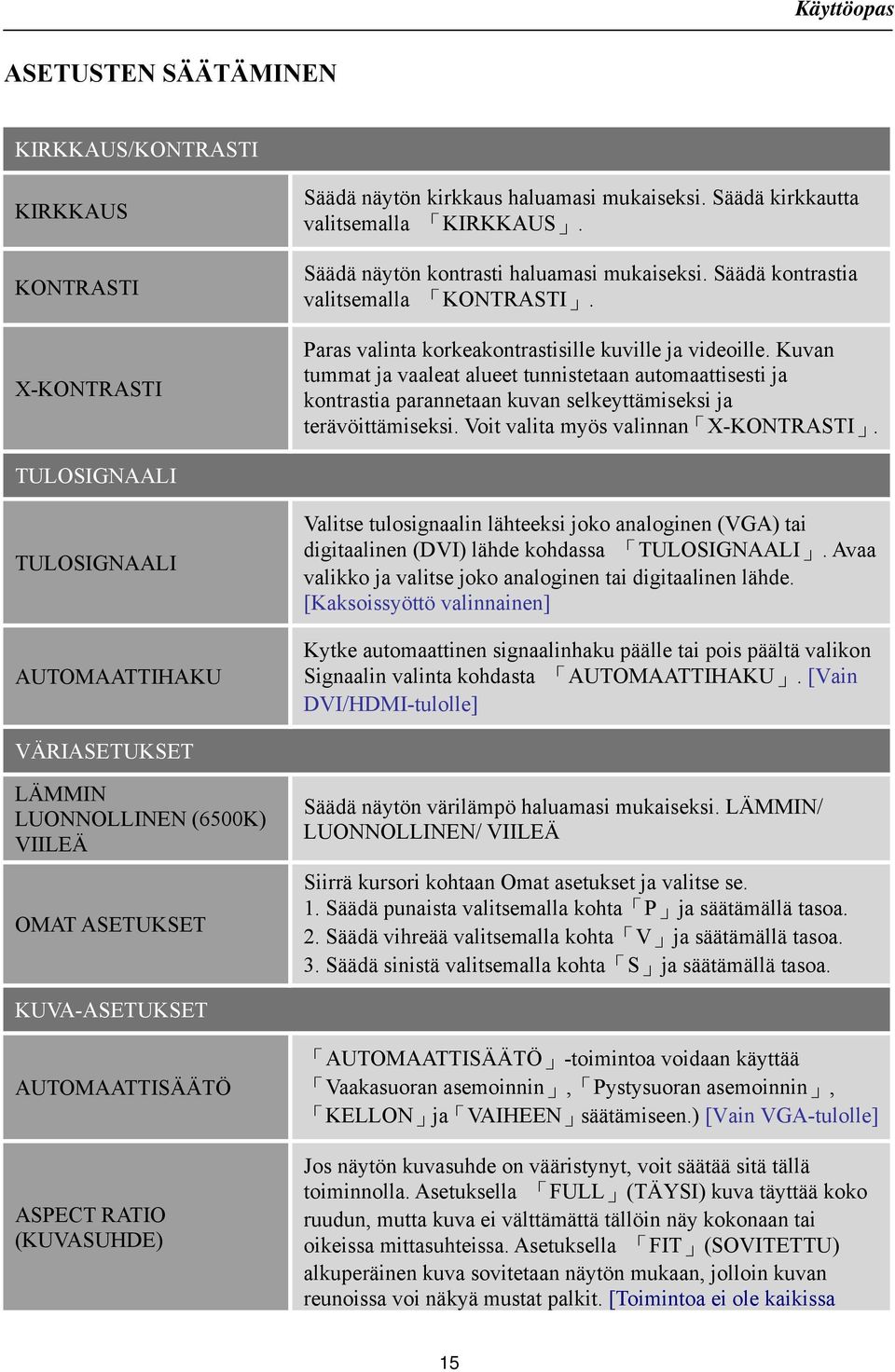 Kuvan tummat ja vaaleat alueet tunnistetaan automaattisesti ja kontrastia parannetaan kuvan selkeyttämiseksi ja terävöittämiseksi. Voit valita myös valinnan X-KONTRASTI.