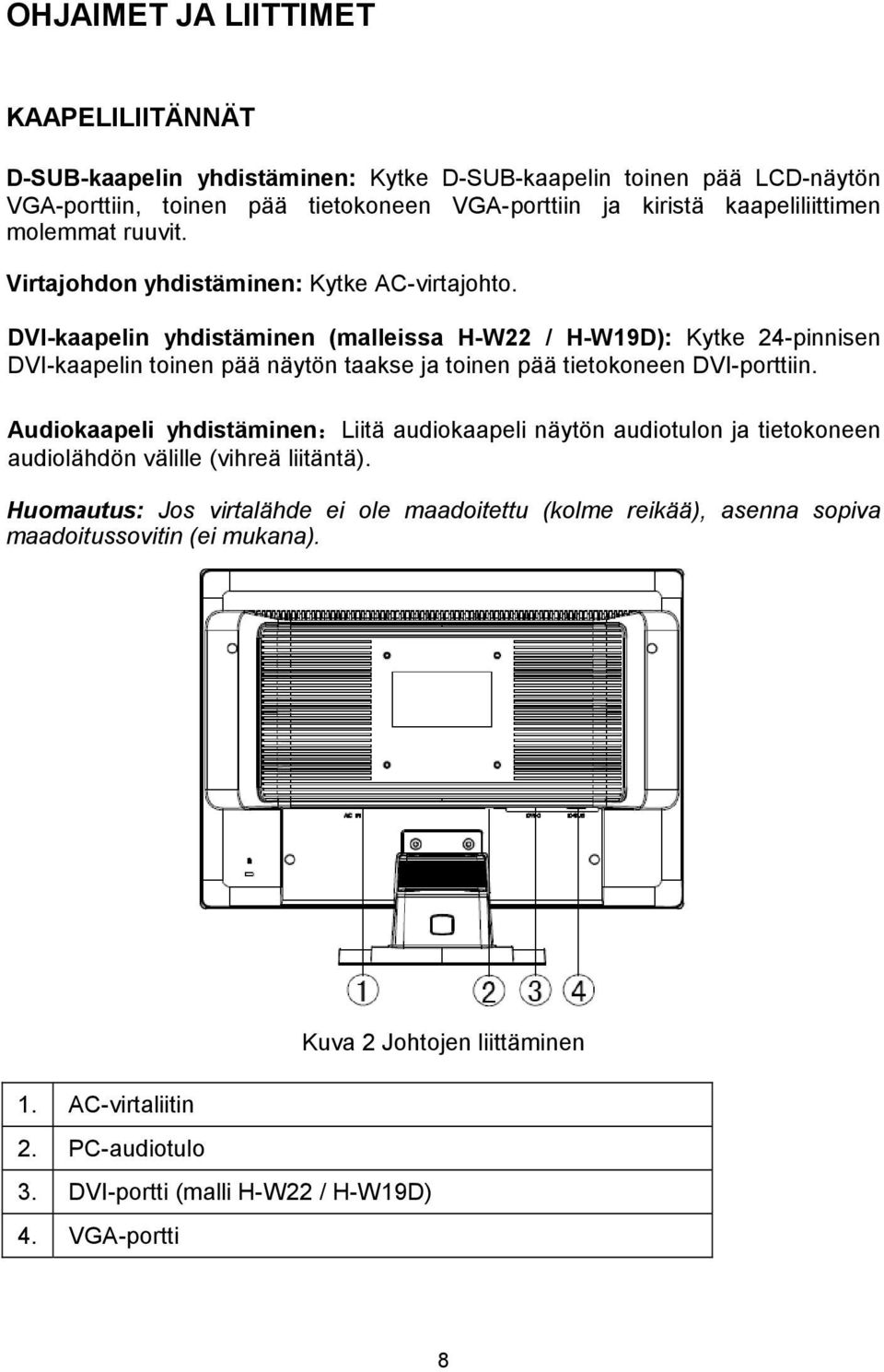 DVI-kaapelin yhdistäminen (malleissa H-W22 / H-W19D): Kytke 24-pinnisen DVI-kaapelin toinen pää näytön taakse ja toinen pää tietokoneen DVI-porttiin.