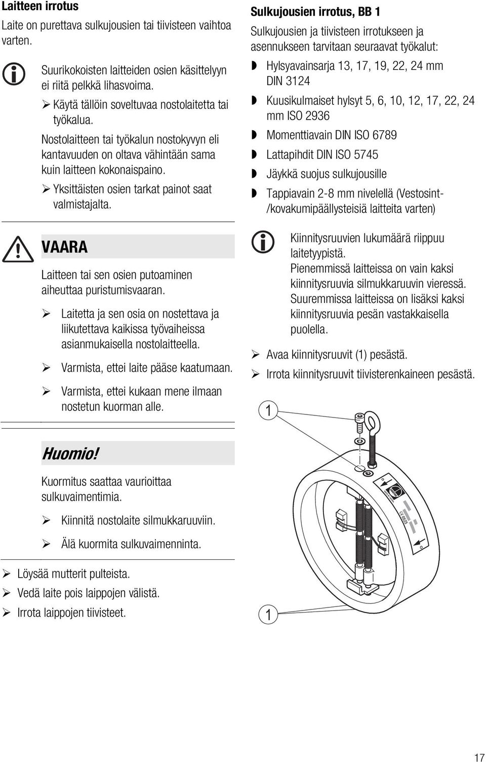 Yksittäisten osien tarkat painot saat valmistajalta. VAARA Laitteen tai sen osien putoaminen aiheuttaa puristumisvaaran.