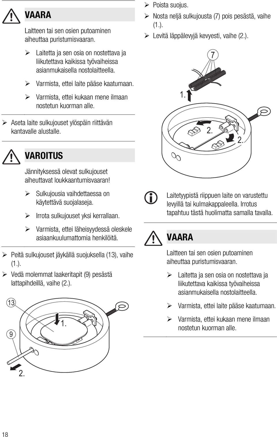 ). 1. 7 Aseta laite sulkujouset ylöspäin riittävän kantavalle alustalle. VAROITUS Jännityksessä olevat sulkujouset aiheuttavat loukkaantumisvaaran! 2.