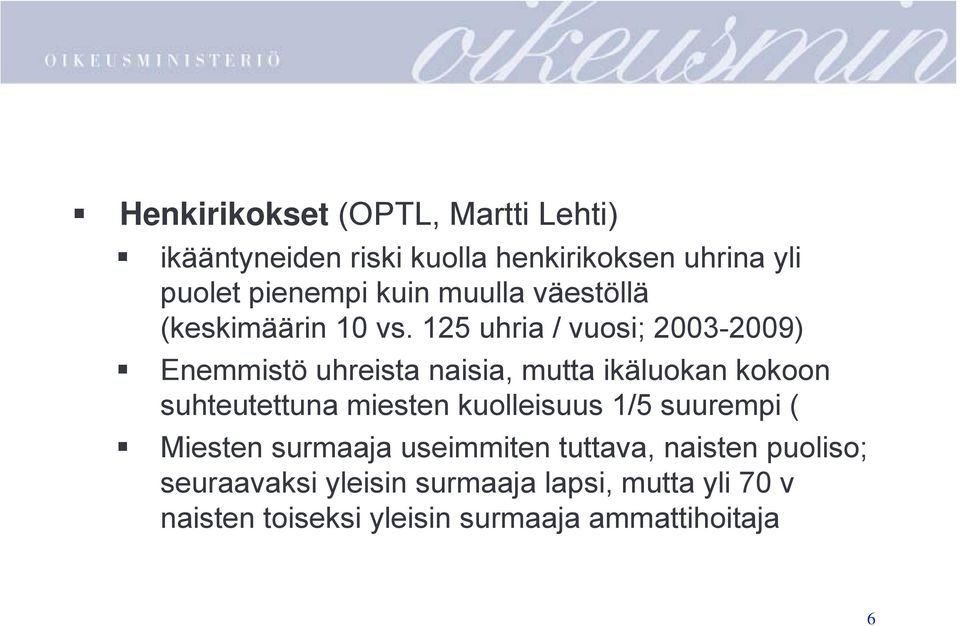 125 uhria / vuosi; 2003-2009) Enemmistö uhreista naisia, mutta ikäluokan kokoon suhteutettuna miesten