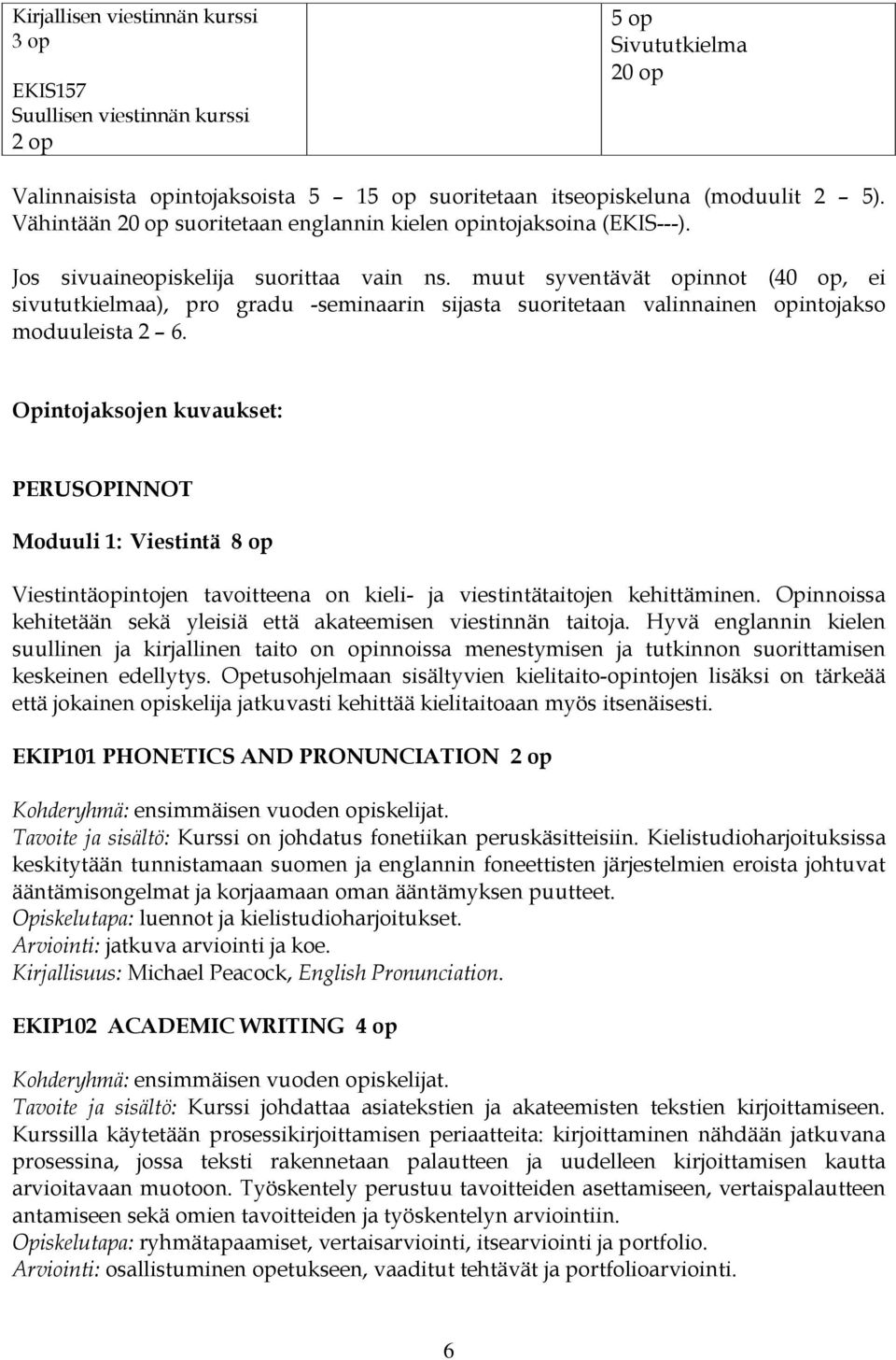 muut syventävät opinnot (40 op, ei sivututkielmaa), pro gradu -seminaarin sijasta suoritetaan valinnainen opintojakso moduuleista 2 6.