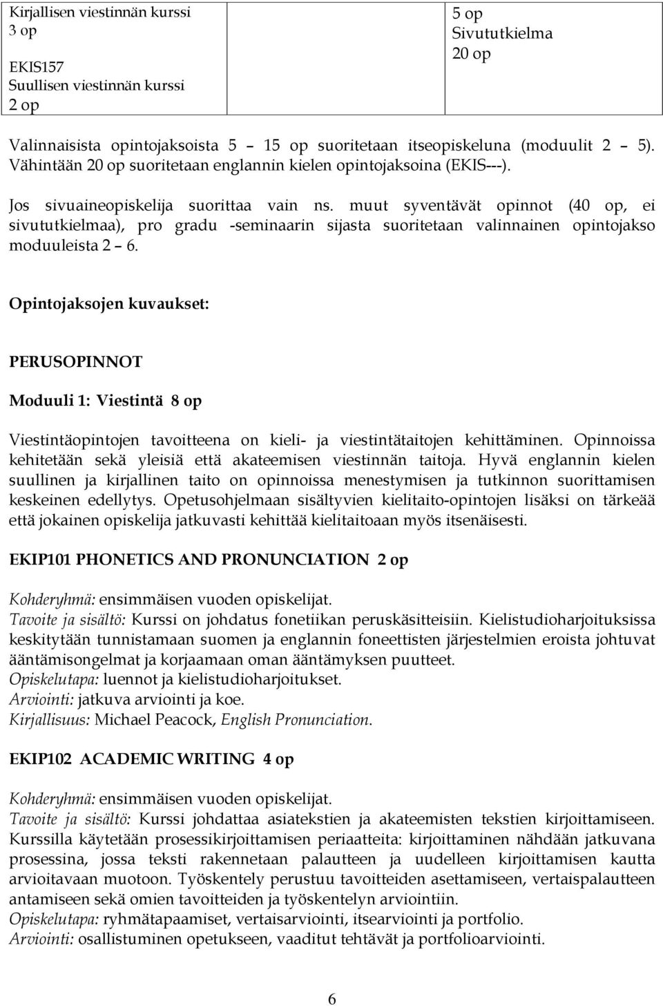 muut syventävät opinnot (40 op, ei sivututkielmaa), pro gradu -seminaarin sijasta suoritetaan valinnainen opintojakso moduuleista 2 6.