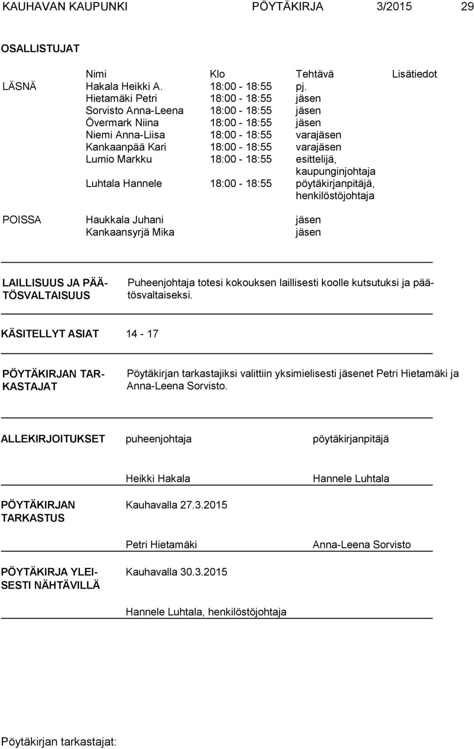 18:00-18:55 esittelijä, kau pun gin joh ta ja Luhtala Hannele 18:00-18:55 pöytäkirjanpitäjä, hen ki lös tö joh ta ja POISSA Haukkala Juhani jäsen Kankaansyrjä Mika jäsen LAILLISUUS JA PÄÄ-