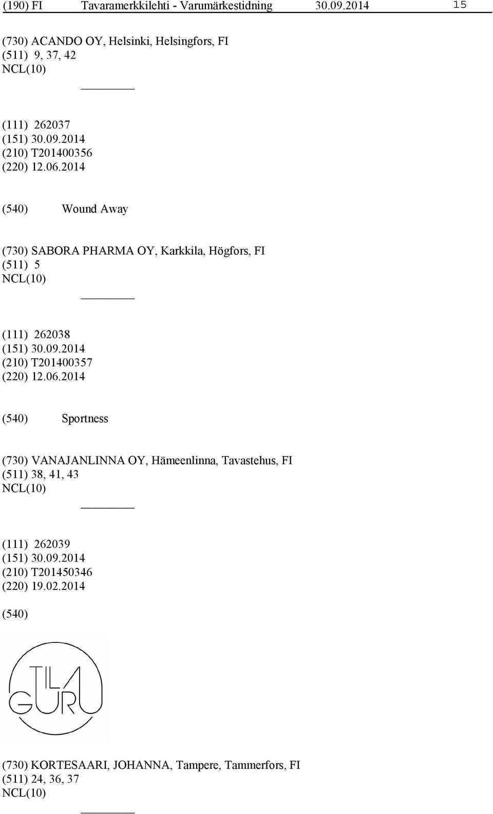 2014 Wound Away (730) SABORA PHARMA OY, Karkkila, Högfors, FI (511) 5 (111) 262038 (210) T201400357 (220) 12.06.