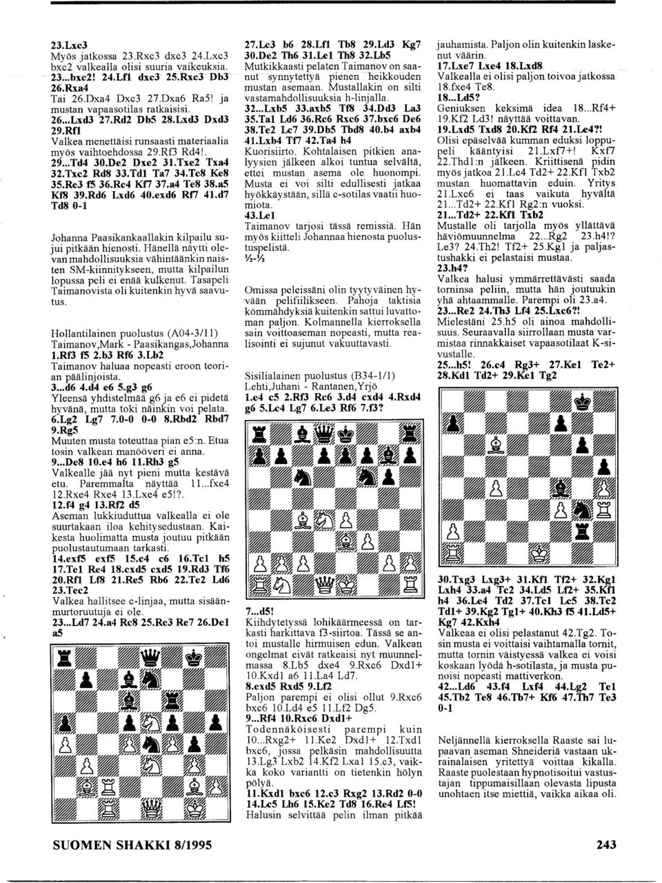 a4 Te8 38.a5 Kf8 39.Rd6 Lxd6 40.exd6 Rf7 41.d7 Td80-1 Johanna Paasikankaallakin kilpailu sujui pitkään hienosti.