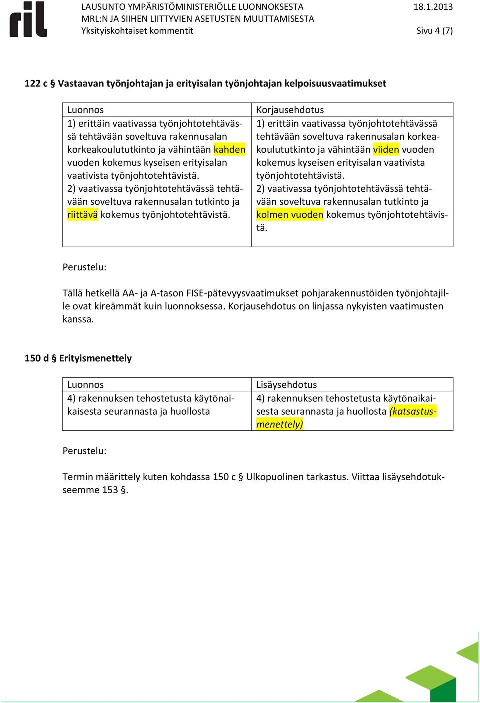 työnjohtotehtävässä tehtävään soveltuva rakennusalan korkeakoulututkinto ja vähintään kahden vuoden kokemus kyseisen erityisalan vaativista työnjohtotehtävistä.