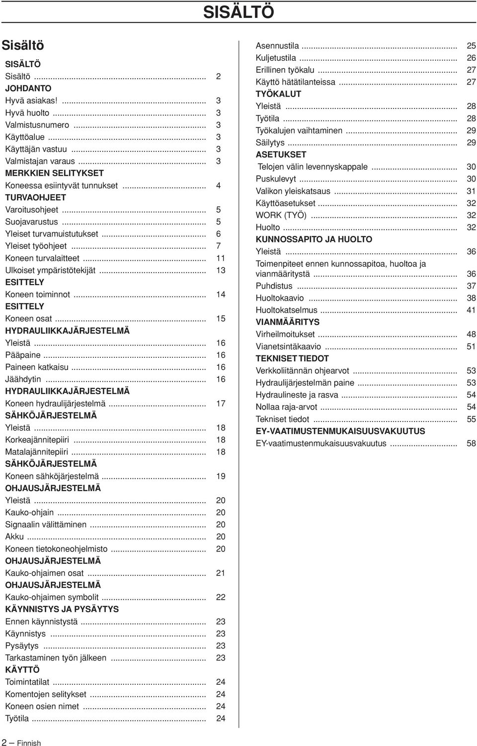 .. 11 Ulkoiset ympäristötekijät... 13 ESITTELY Koneen toiminnot... 14 ESITTELY Koneen osat... 15 HYDRAULIIKKAJÄRJESTELMÄ Yleistä... 16 Pääpaine... 16 Paineen katkaisu... 16 Jäähdytin.