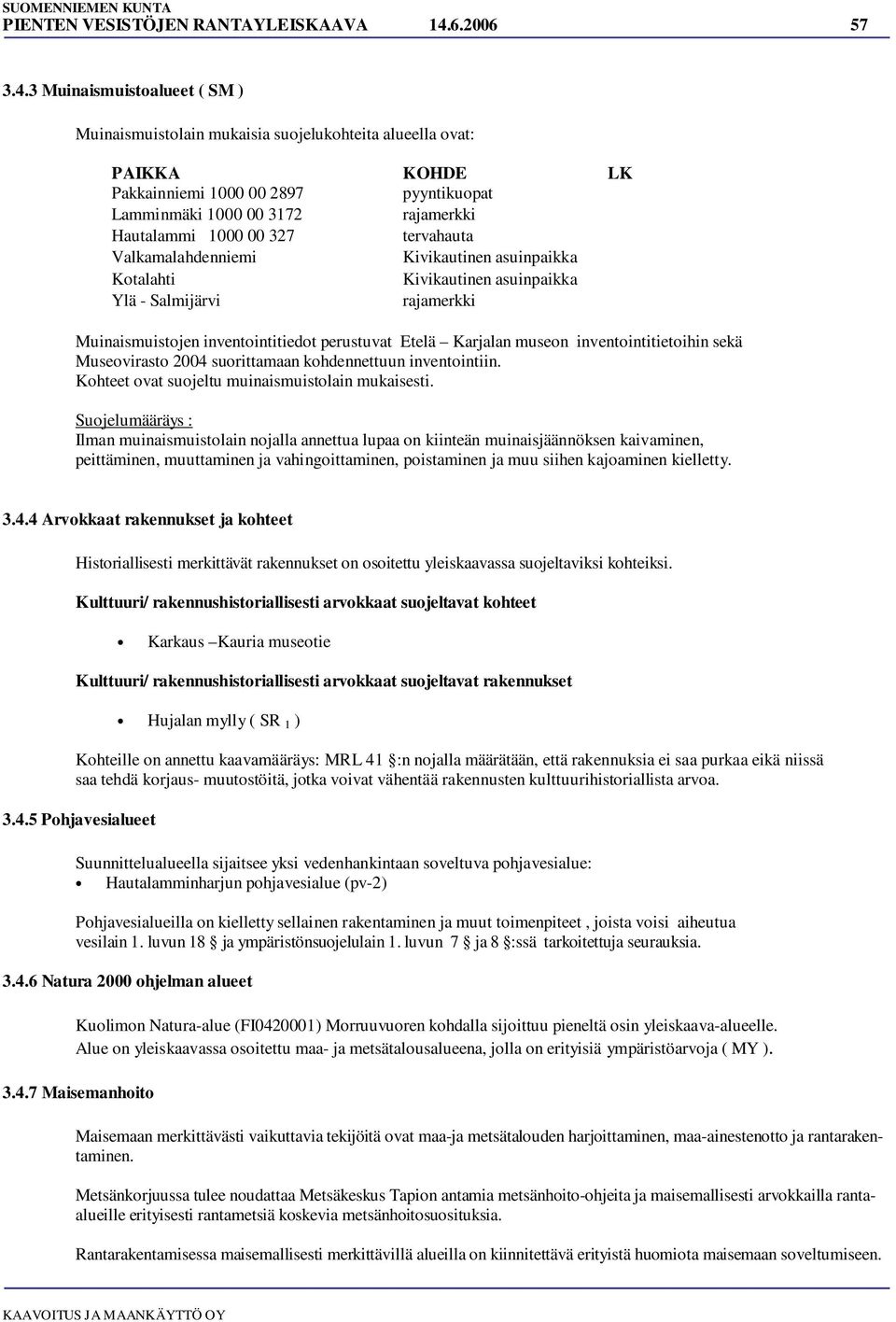 3 Muinaismuistoalueet ( SM ) Muinaismuistolain mukaisia suojelukohteita alueella ovat: PAIKKA KOHDE LK Pakkainniemi 1000 00 2897 pyyntikuopat Lamminmäki 1000 00 3172 rajamerkki Hautalammi 1000 00 327