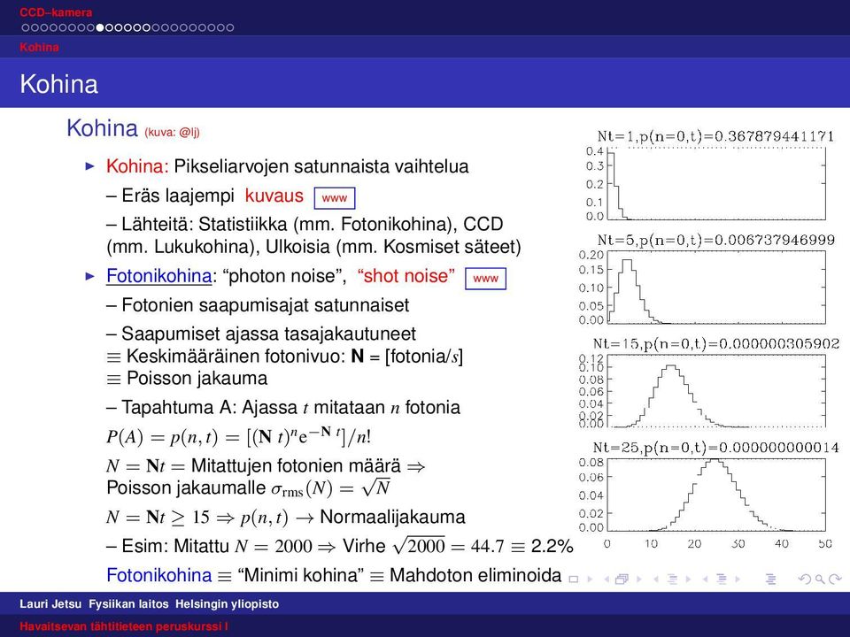 Kosmiset säteet) Fotonikohina: photon noise, shot noise www Fotonien saapumisajat satunnaiset Saapumiset ajassa tasajakautuneet Keskimääräinen