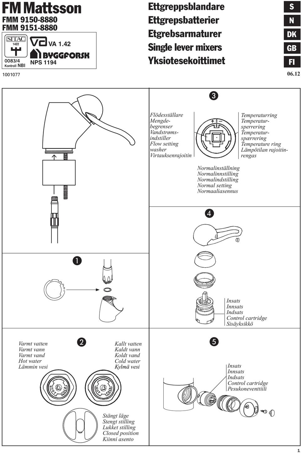 Lämpötilan rajoitinrengas Normalinställning Normalinnstilling Normalindstilling Normal setting Normaaliasennus Insats Innsats Indsats Control cartridge Sisäyksikkö Varmt vatten Varmt vann