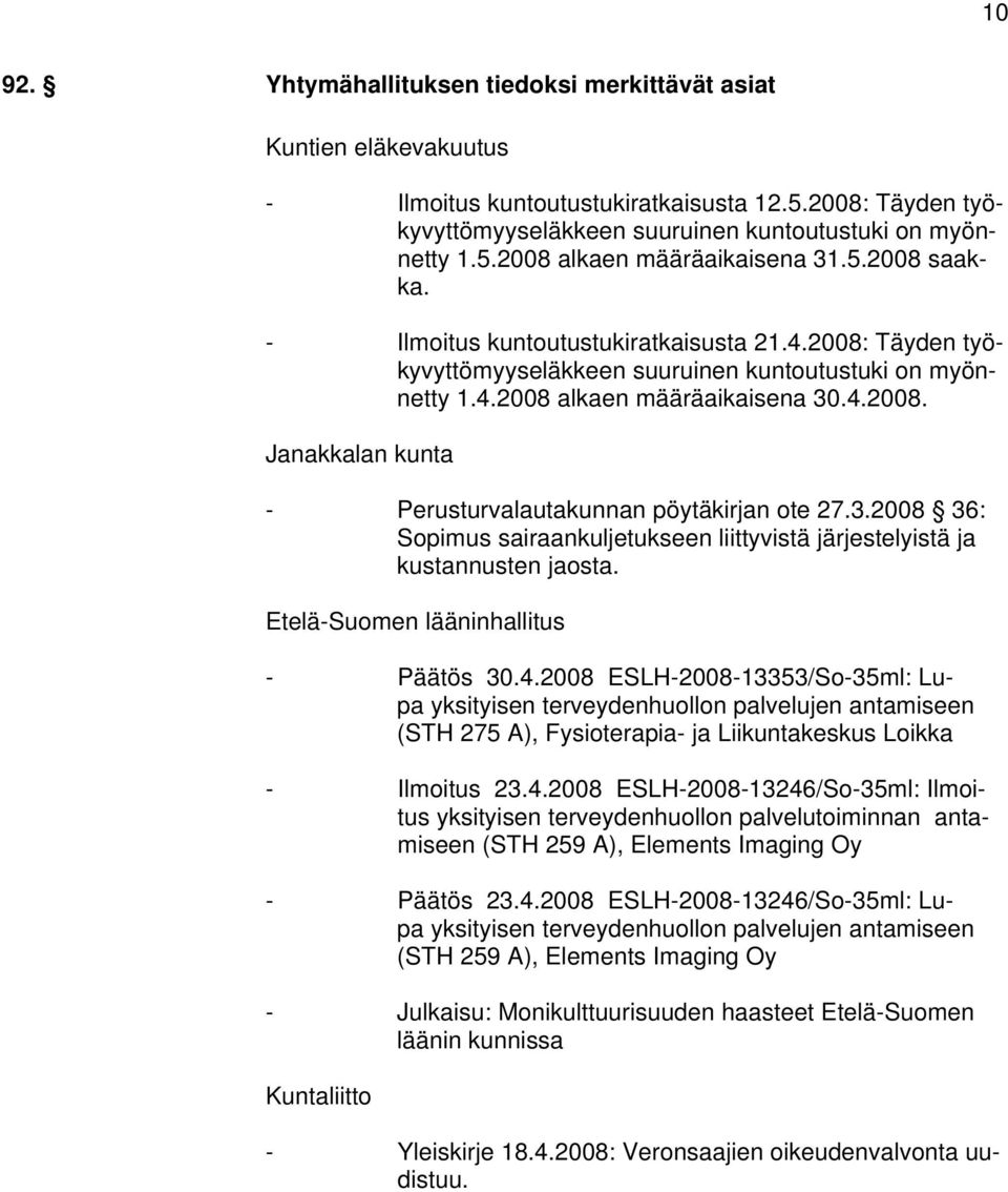 3.2008 36: Sopimus sairaankuljetukseen liittyvistä järjestelyistä ja kustannusten jaosta. Etelä-Suomen lääninhallitus - Päätös 30.4.