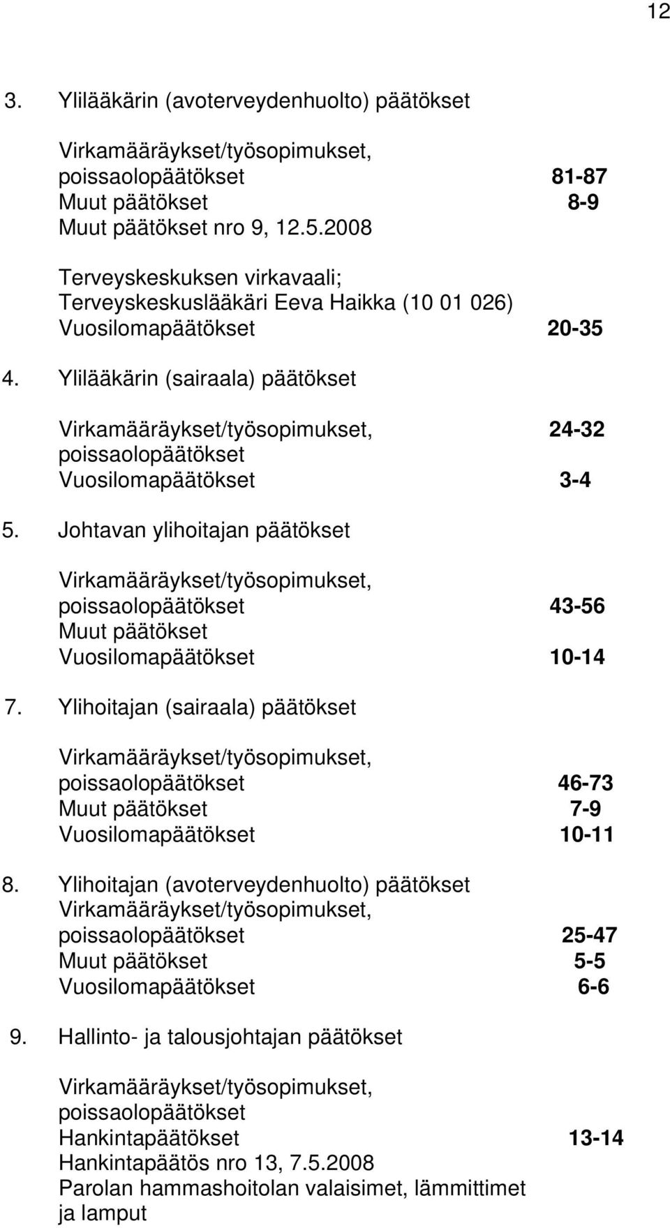 Ylilääkärin (sairaala) päätökset Virkamääräykset/työsopimukset, 24-32 poissaolopäätökset Vuosilomapäätökset 3-4 5.