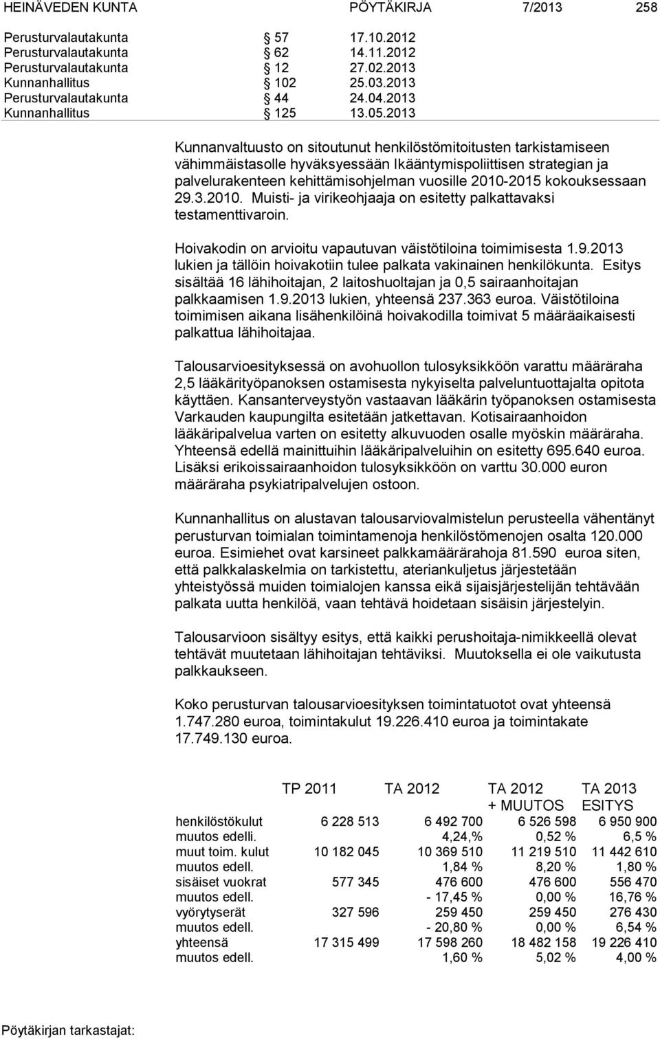 2013 Kunnanvaltuusto on sitoutunut henkilöstömitoitusten tarkistamiseen vähimmäistasolle hyväksyessään Ikääntymispoliittisen strategian ja palvelurakenteen kehittämisohjelman vuosille 2010-2015