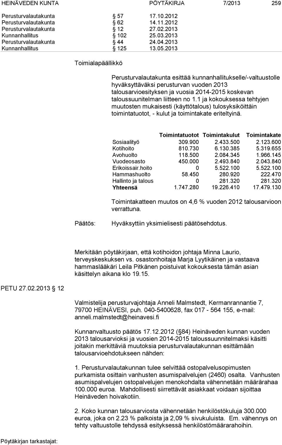 2013 Toimialapäällikkö Perusturvalautakunta esittää kunnanhallitukselle/-valtuustolle hyväksyttäväksi perusturvan vuoden 2013 talousarvioesityksen ja vuosia 2014-2015 koskevan taloussuunitelman