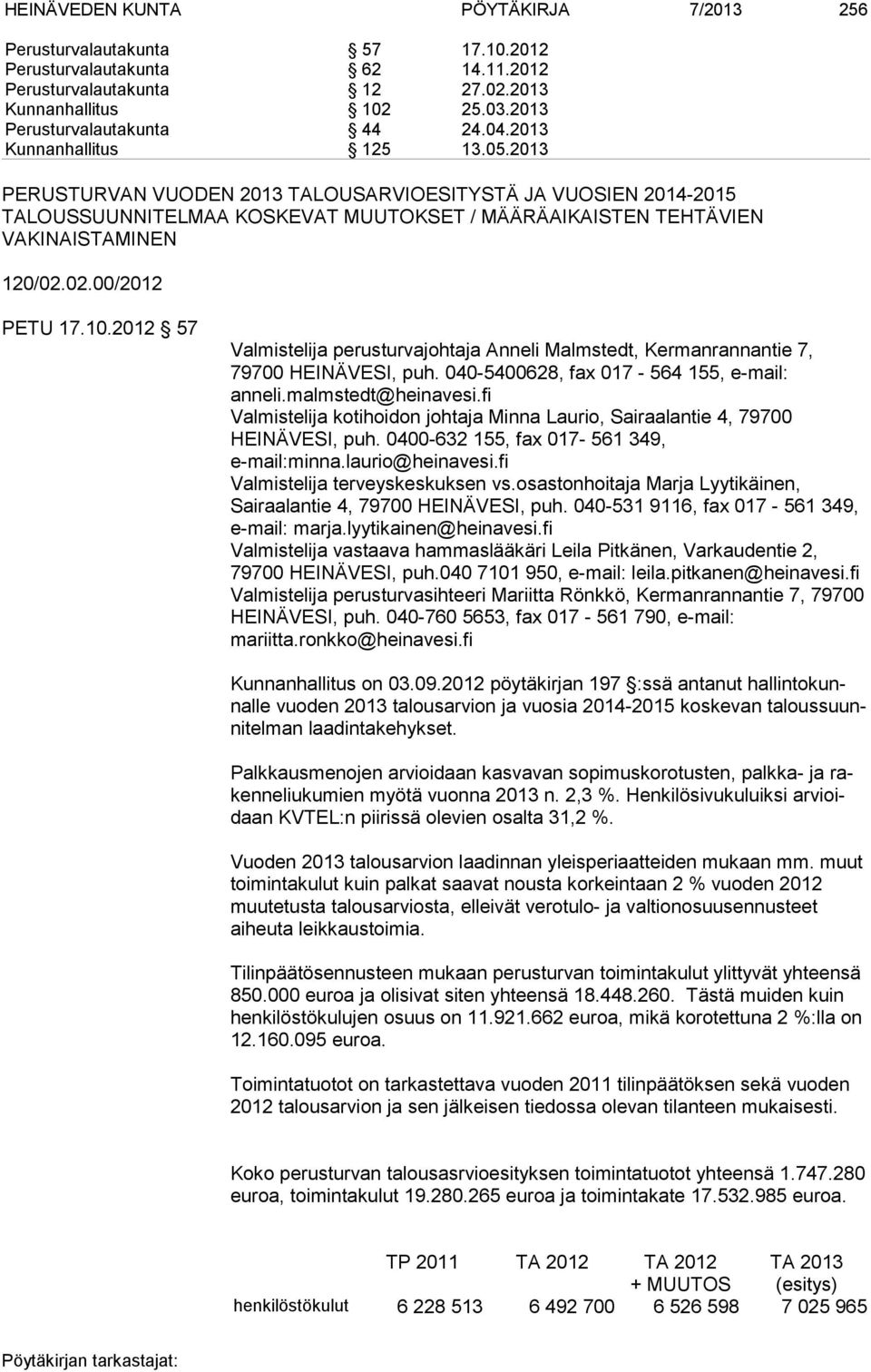2013 PERUSTURVAN VUODEN 2013 TALOUSARVIOESITYSTÄ JA VUOSIEN 2014-2015 TALOUSSUUNNITELMAA KOSKEVAT MUUTOKSET / MÄÄRÄAIKAISTEN TEHTÄVIEN VAKINAISTAMINEN 120/02.02.00/2012 PETU 17.10.