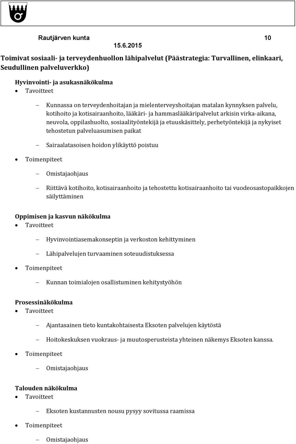 perhetyöntekijä ja nykyiset tehostetun palveluasumisen paikat Sairaalatasoisen hoidon ylikäyttö poistuu Omistajaohjaus Riittävä kotihoito, kotisairaanhoito ja tehostettu kotisairaanhoito tai