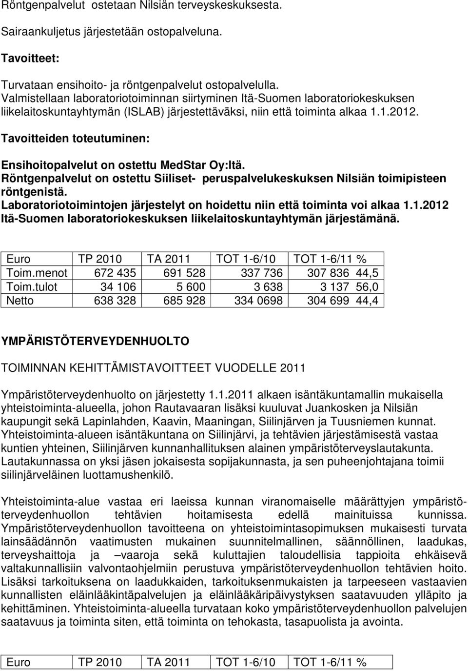 Ensihoitopalvelut on ostettu MedStar Oy:ltä. Röntgenpalvelut on ostettu Siiliset- peruspalvelukeskuksen Nilsiän toimipisteen röntgenistä.