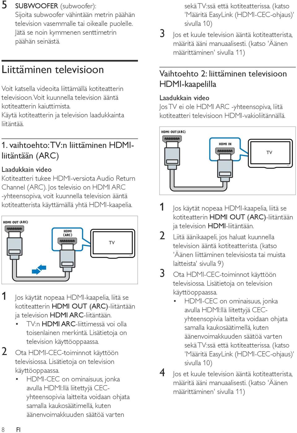 Käytä kotiteatterin ja television laadukkainta liitäntää. 1. vaihtoehto: TV:n liittäminen HDMIliitäntään (ARC) Laadukkain video Kotiteatteri tukee HDMI-versiota Audio Return Channel (ARC).