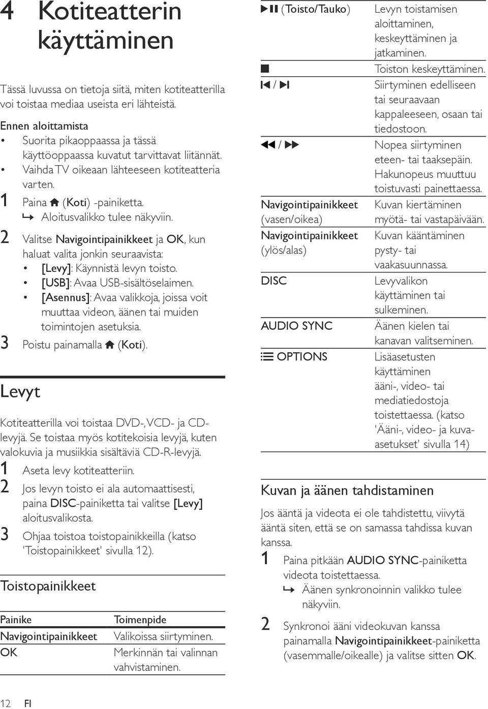 »» Aloitusvalikko tulee näkyviin. 2 Valitse Navigointipainikkeet ja OK, kun haluat valita jonkin seuraavista: [Levy]: Käynnistä levyn toisto. [USB]: Avaa USB-sisältöselaimen.