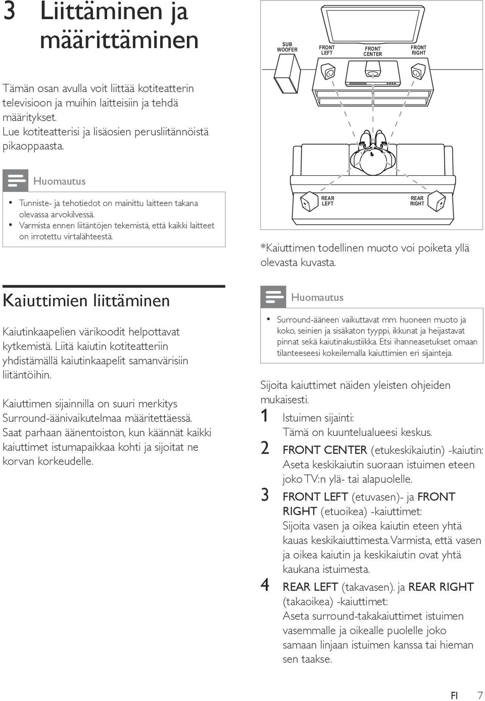 Varmista ennen liitäntöjen tekemistä, että kaikki laitteet on irrotettu virtalähteestä. Kaiuttimien liittäminen Kaiutinkaapelien värikoodit helpottavat kytkemistä.