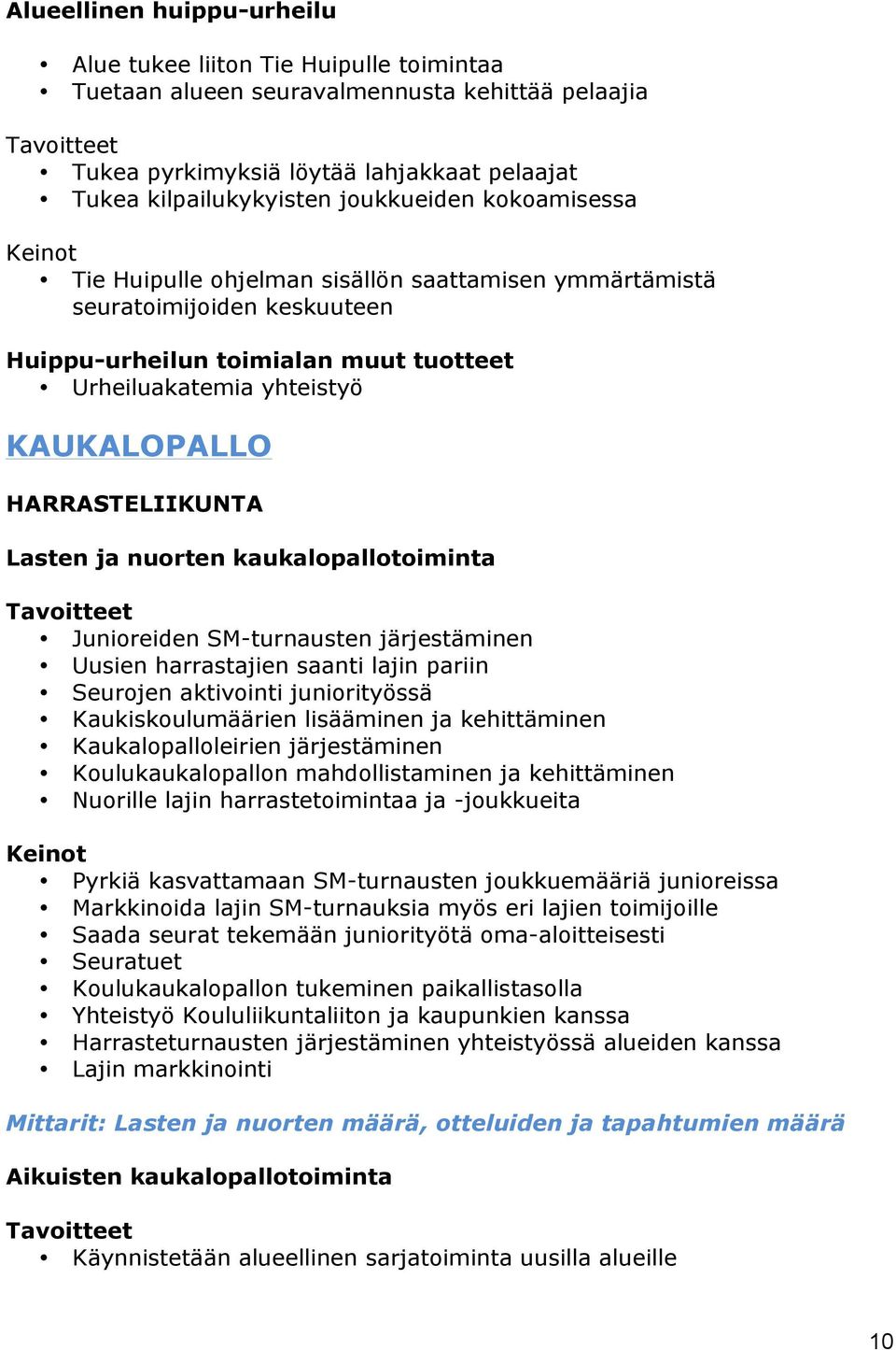ja nuorten kaukalopallotoiminta Junioreiden SM-turnausten järjestäminen Uusien harrastajien saanti lajin pariin Seurojen aktivointi juniorityössä Kaukiskoulumäärien lisääminen ja kehittäminen