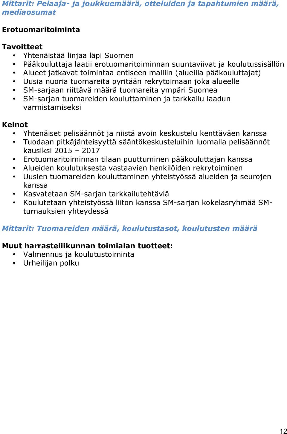 SM-sarjan tuomareiden kouluttaminen ja tarkkailu laadun varmistamiseksi Yhtenäiset pelisäännöt ja niistä avoin keskustelu kenttäväen kanssa Tuodaan pitkäjänteisyyttä sääntökeskusteluihin luomalla