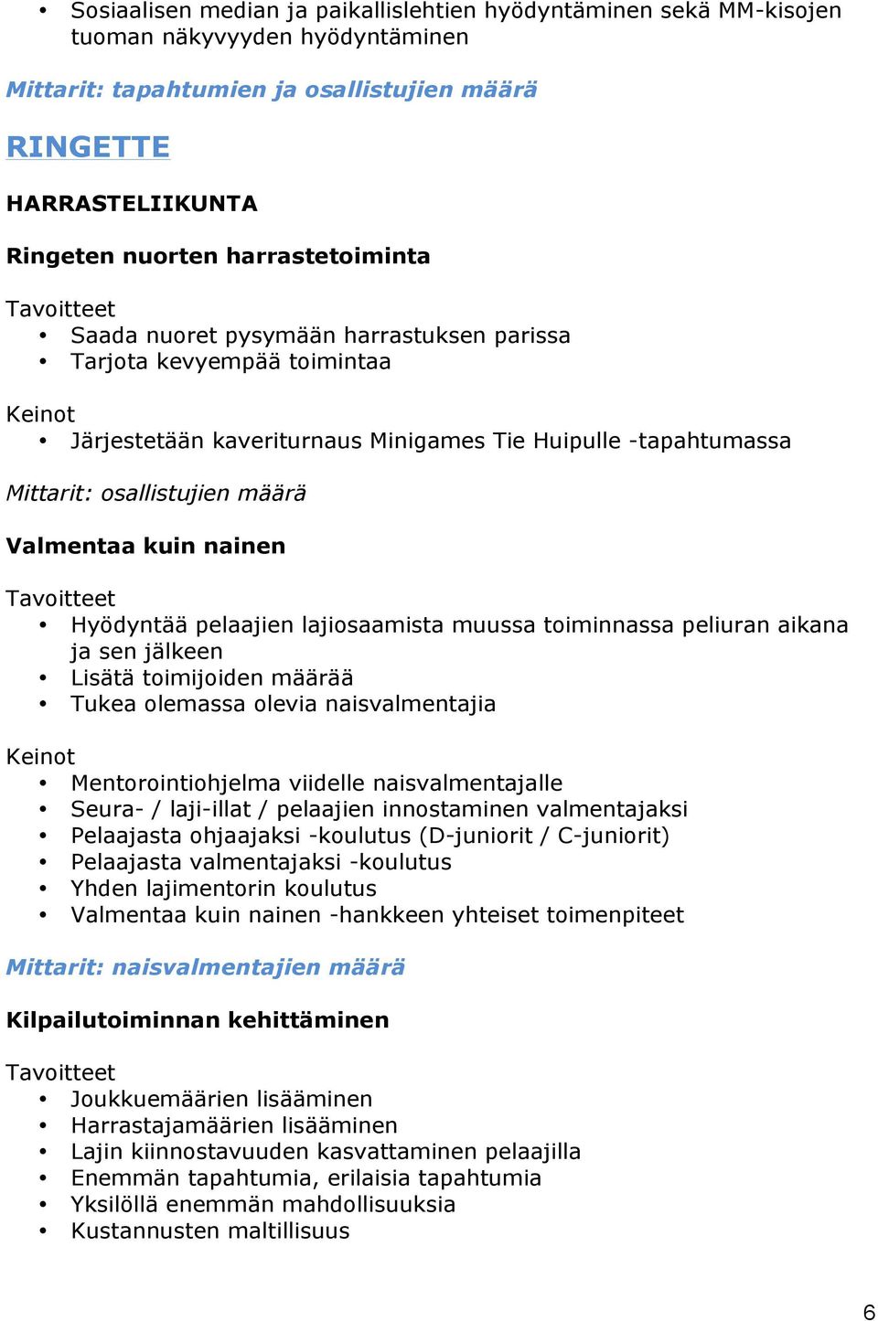 nainen Hyödyntää pelaajien lajiosaamista muussa toiminnassa peliuran aikana ja sen jälkeen Lisätä toimijoiden määrää Tukea olemassa olevia naisvalmentajia Mentorointiohjelma viidelle