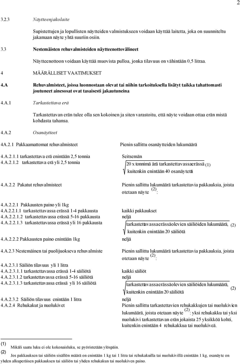 4.A.2 Osanäytteet 4A.2.1 Pakkaamattomat rehuvalmisteet 4.A.2.1.1 tarkastettava erä enintään 2,5 tonnia 4.A.2.1.2 tarkastettava erä yli 2,5 tonnia 4.A.2.2 Pakatut rehuvalmisteet 4.A.2.2.1 Pakkausten paino yli 1kg 4.