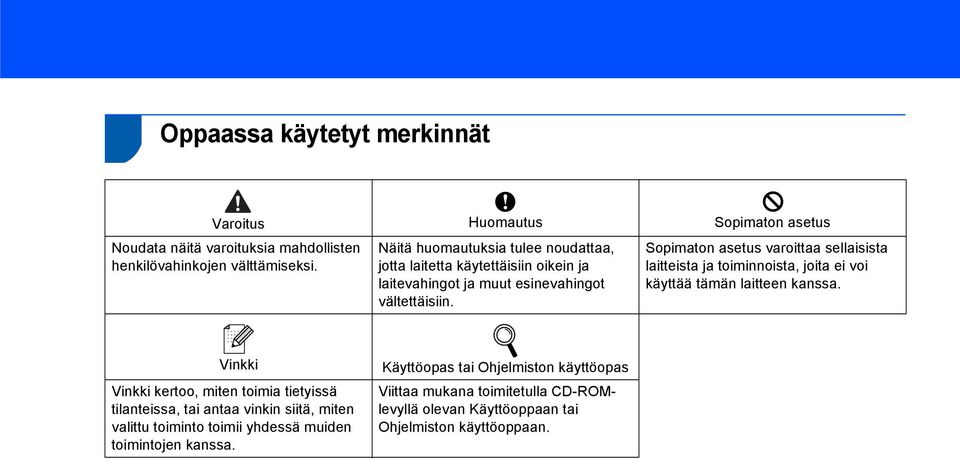 Sopimaton asetus varoittaa sellaisista laitteista ja toiminnoista, joita ei voi käyttää tämän laitteen kanssa.