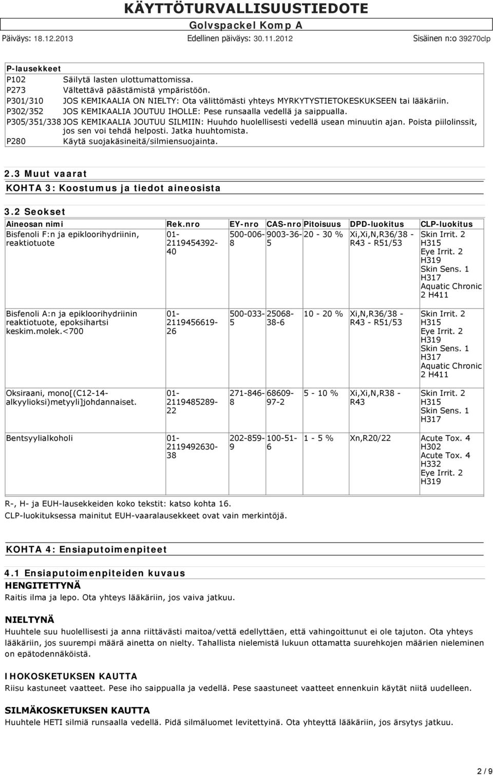 Poista piilolinssit, jos sen voi tehdä helposti. Jatka huuhtomista. P280 Käytä suojakäsineitä/silmiensuojainta. 2.3 Muut vaarat KOHTA 3: Koostumus ja tiedot aineosista 3.2 Seokset Aineosan nimi Rek.