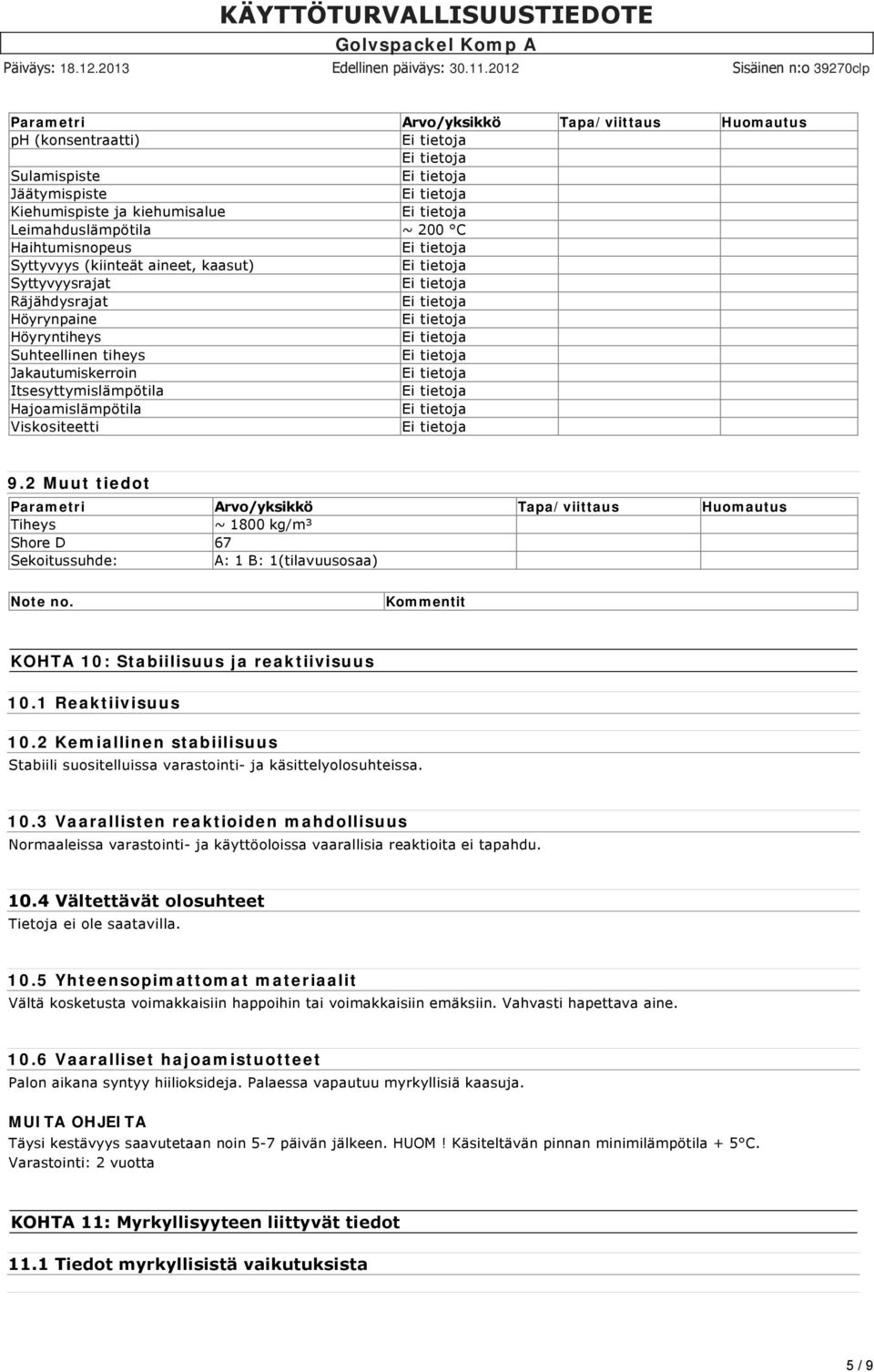 2 Muut tiedot Parametri Arvo/yksikkö Tapa/viittaus Huomautus Tiheys ~ 1800 kg/m³ Shore D 67 Sekoitussuhde: A: 1 B: 1(tilavuusosaa) Note no. Kommentit KOHTA 10: Stabiilisuus ja reaktiivisuus 10.