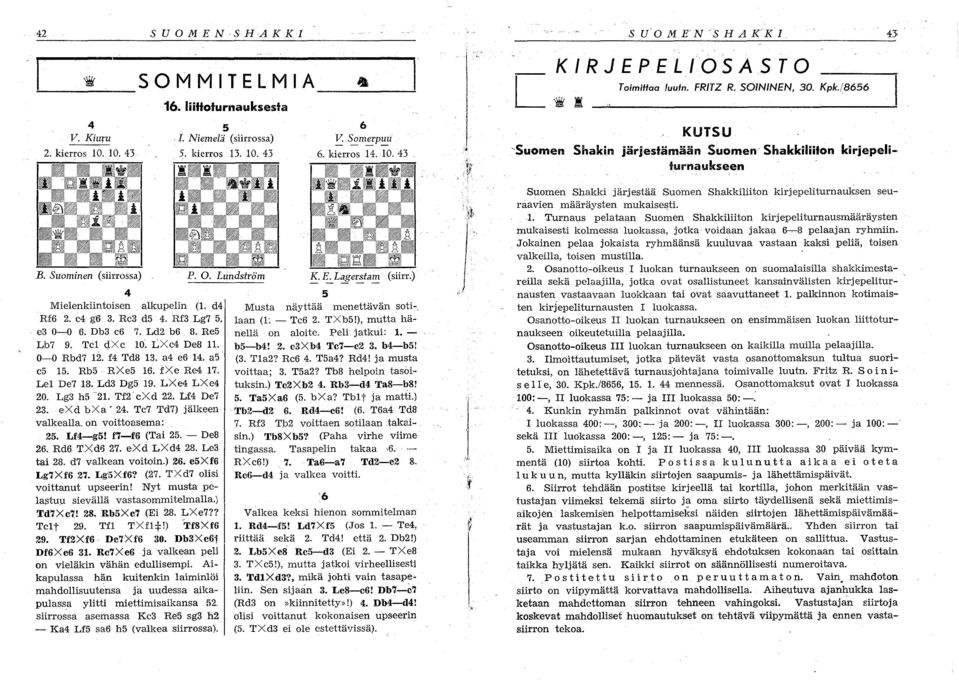 KUTSU 'Suomen Shakin järjestämään Suomen Shakkiliiton kirjepeliturnaukseen B. Suominen (siirrossa) 4 Mielenkiintoisen alkupelin (1. d4 Rf6 2. e4 g6 3. Re3 d5 4. Rf3 Lg7 5. e3 0-0 6. Db3 e6 7.