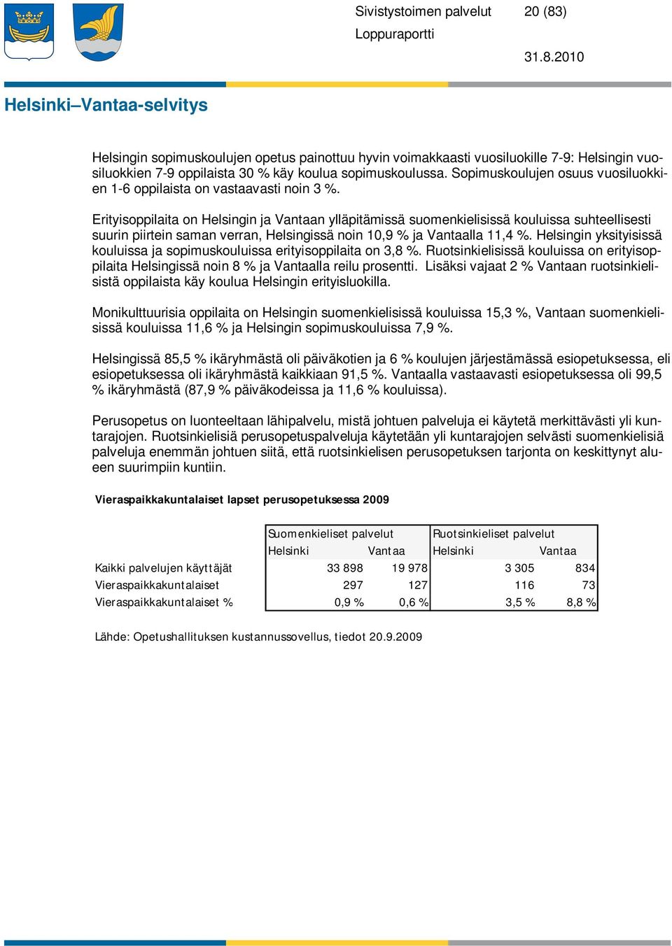 Erityisoppilaita on Helsingin ja Vantaan ylläpitämissä suomenkielisissä kouluissa suhteellisesti suurin piirtein saman verran, Helsingissä noin 10,9 % ja Vantaalla 11,4 %.