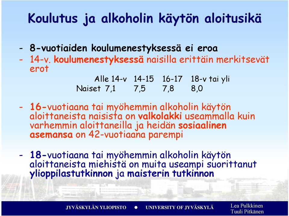 myöhemmin alkoholin käytön aloittaneista naisista on valkolakki useammalla kuin varhemmin aloittaneilla ja heidän sosiaalinen