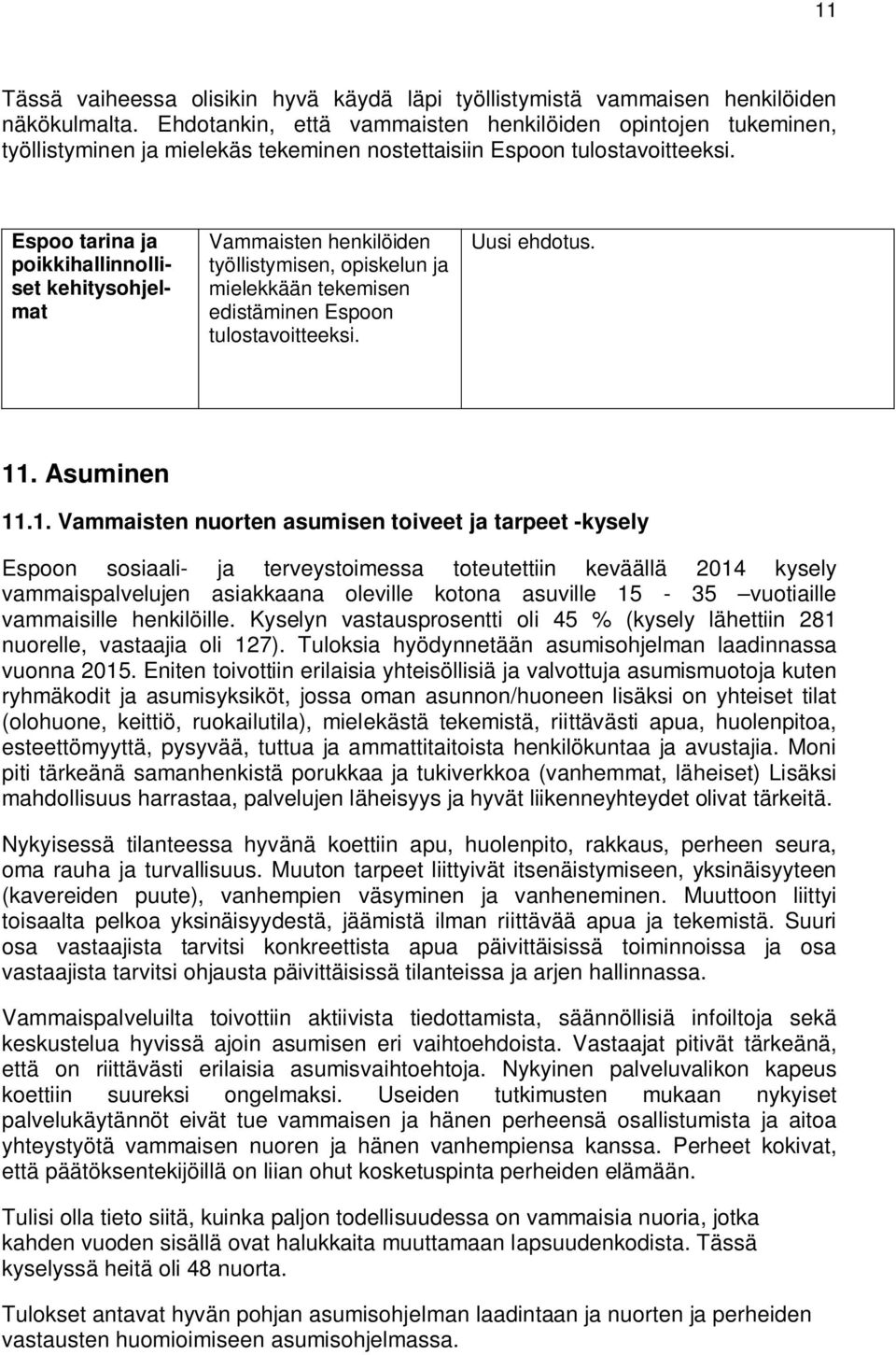 Espoo tarina ja poikkihallinnolliset kehitysohjelmat Vammaisten henkilöiden työllistymisen, opiskelun ja mielekkään tekemisen edistäminen Espoon tulostavoitteeksi. Uusi ehdotus. 11