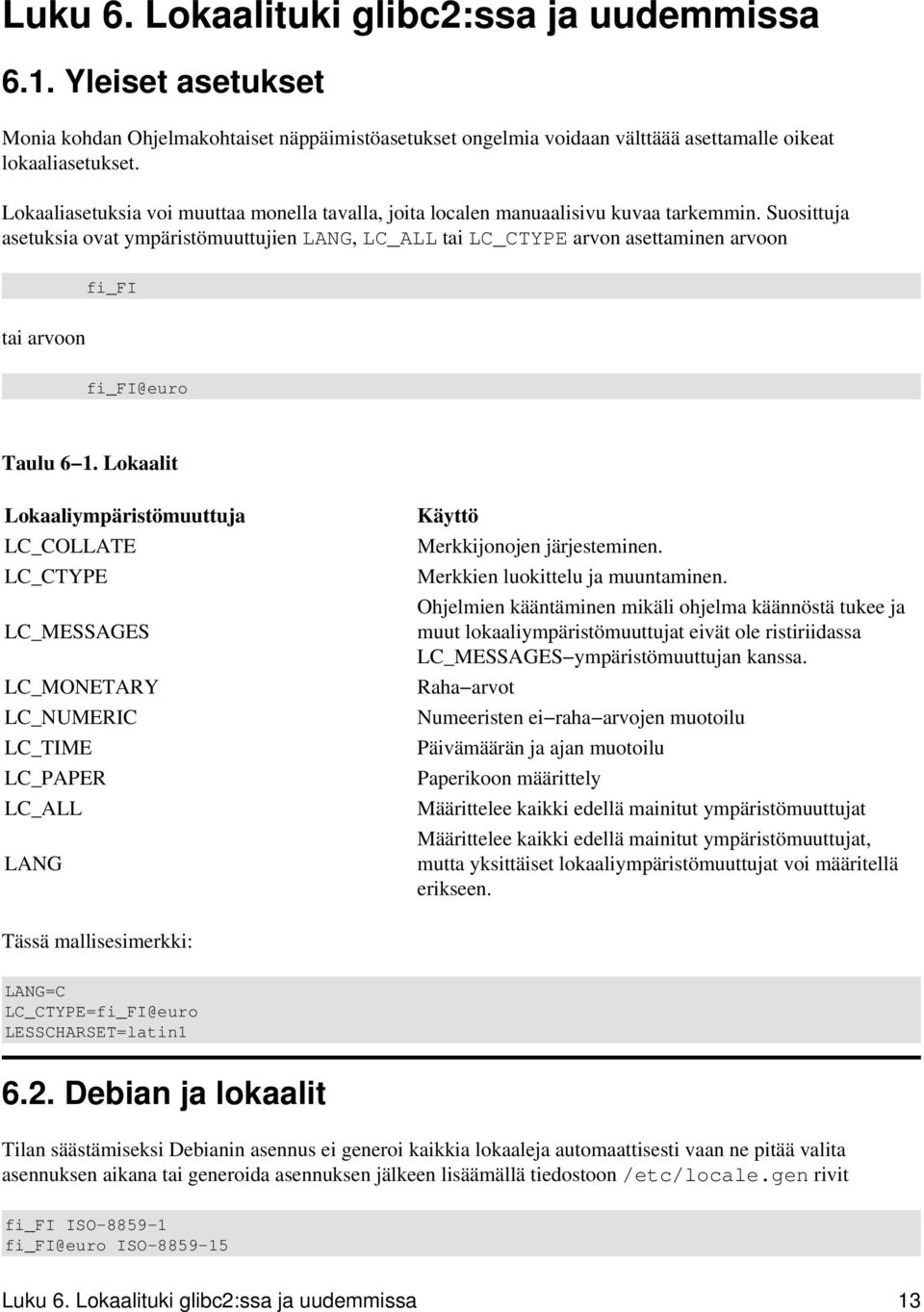 Suosittuja asetuksia ovat ympäristömuuttujien LANG, LC_ALL tai LC_CTYPE arvon asettaminen arvoon fi_fi tai arvoon fi_fi@euro Taulu 6 1.