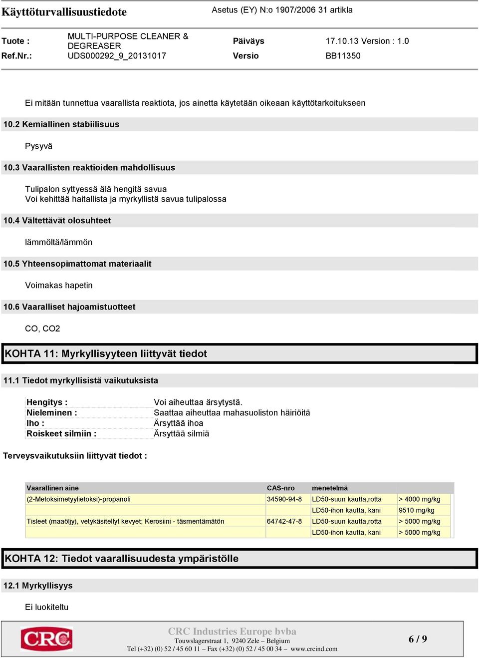 5 Yhteensopimattomat materiaalit Voimakas hapetin 10.6 Vaaralliset hajoamistuotteet CO, CO2 KOHTA 11: Myrkyllisyyteen liittyvät tiedot 11.