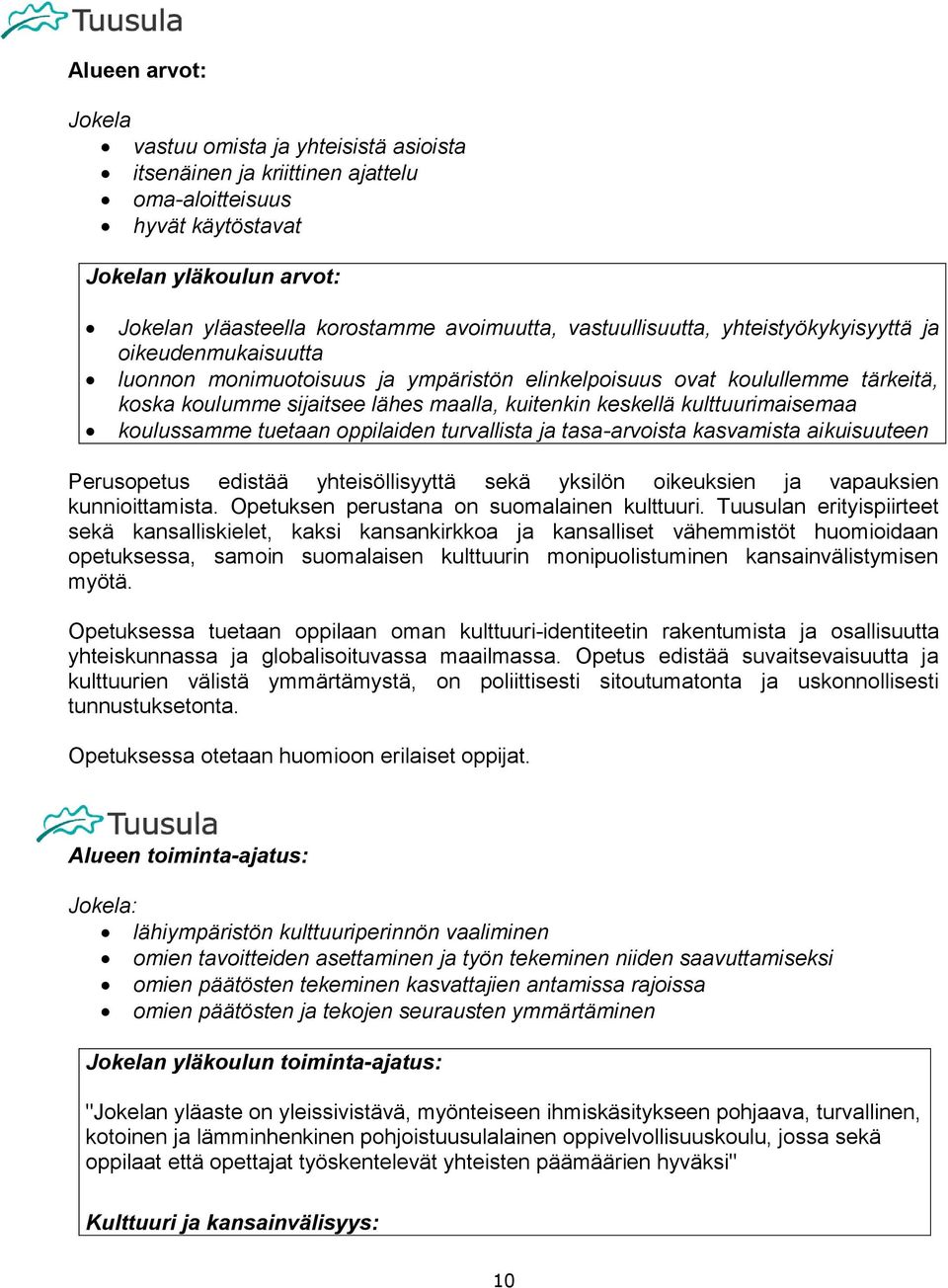 kulttuurimaisemaa koulussamme tuetaan oppilaiden turvallista ja tasa-arvoista kasvamista aikuisuuteen Perusopetus edistää yhteisöllisyyttä sekä yksilön oikeuksien ja vapauksien kunnioittamista.