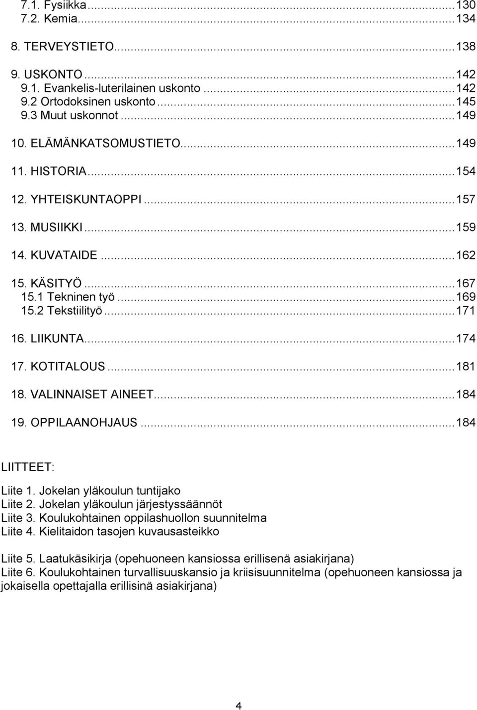 .. 174 17. KOTITALOUS... 181 18. VALINNAISET AINEET... 184 19. OPPILAANOHJAUS... 184 LIITTEET: Liite 1. Jokelan yläkoulun tuntijako Liite 2. Jokelan yläkoulun järjestyssäännöt Liite 3.