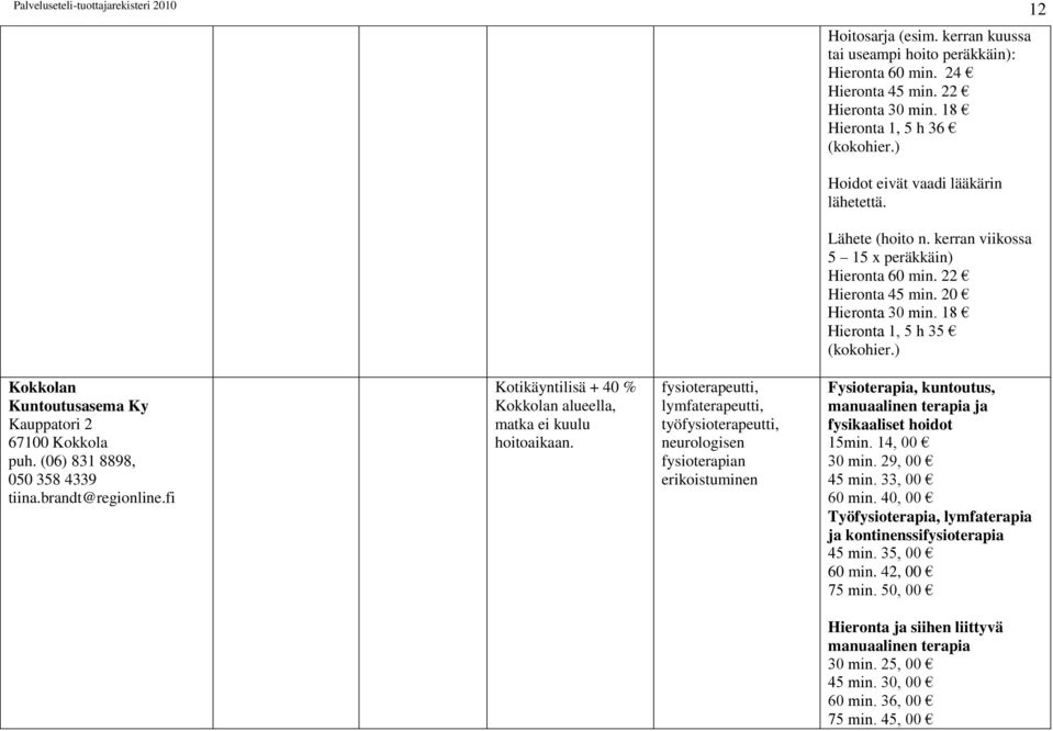 (06) 831 8898, 050 358 4339 tiina.brandt@regionline.fi Kotikäyntilisä + 40 % Kokkolan alueella, matka ei kuulu hoitoaikaan.