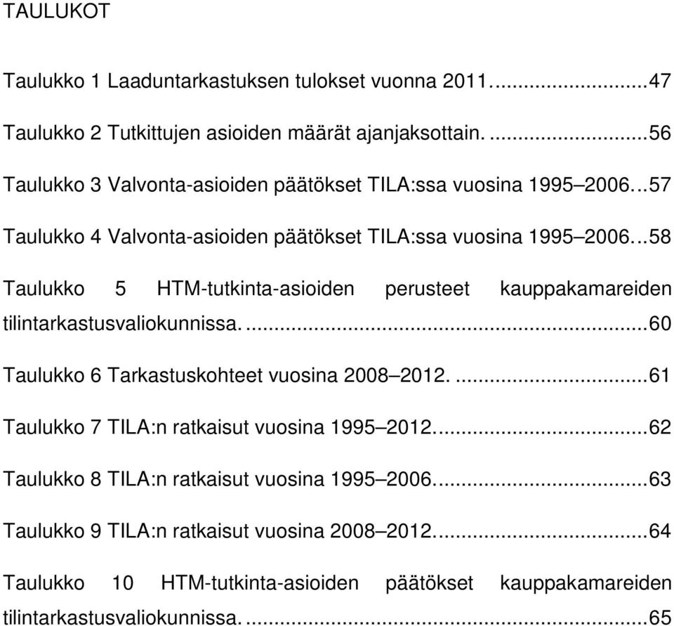 .. 58 Taulukko 5 HTM-tutkinta-asioiden perusteet kauppakamareiden tilintarkastusvaliokunnissa.... 60 Taulukko 6 Tarkastuskohteet vuosina 2008 2012.